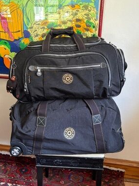 2 pc set Kipling Black Nylon Duffle Bag Rolling Luggage Carry-On Weekender Trave